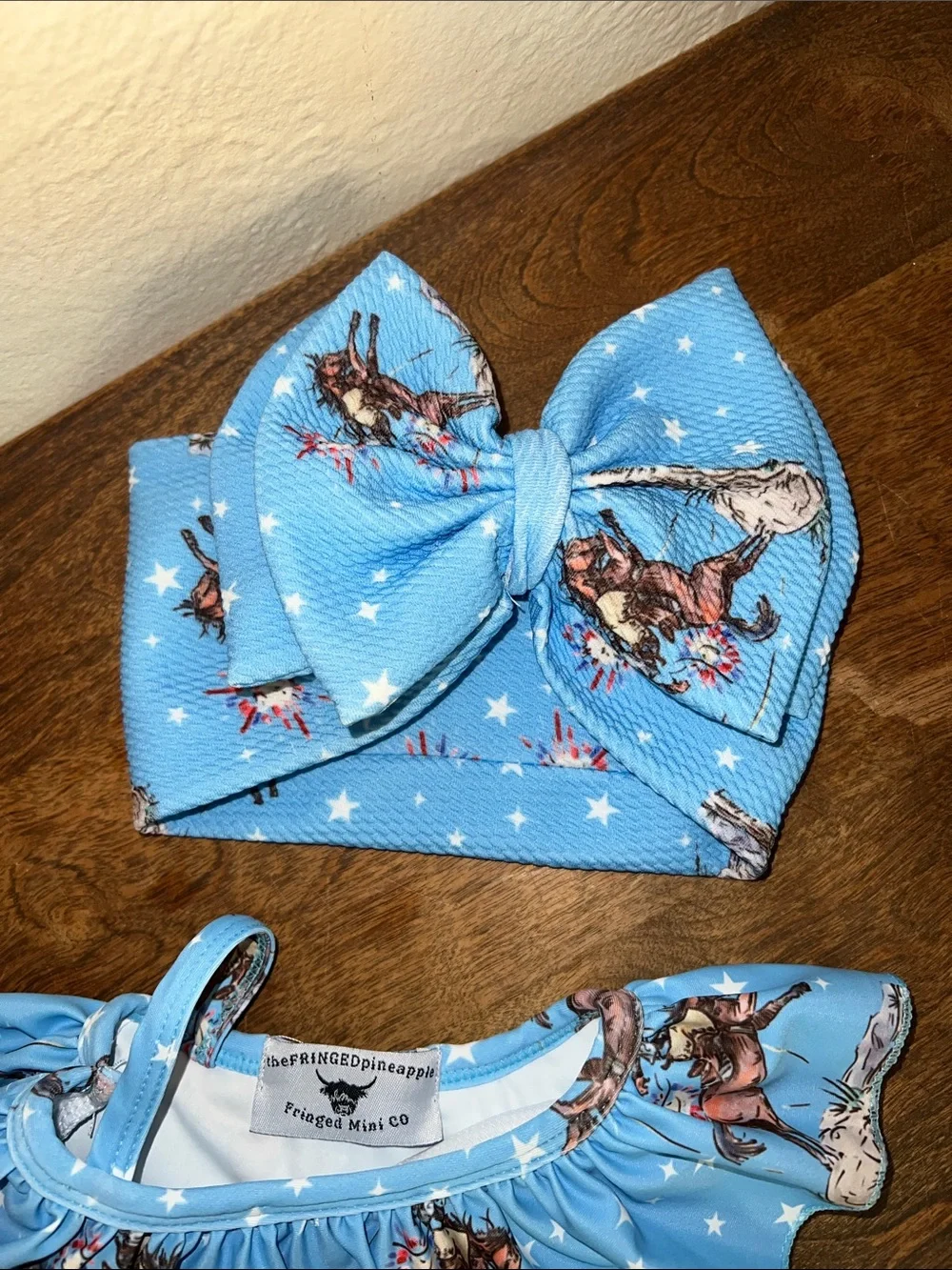 The fringed pineapple 0-3 months swimsuit rodeo horse bow headband set